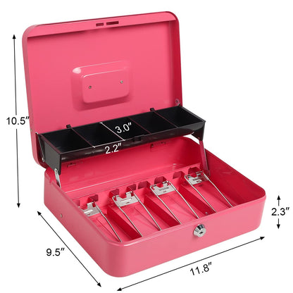 Parrency Cash Box with Key Lock, Lock Box Safe Storage Security Locker with Security Cable, Durable Metal Cash Box with Money Tray, 11.8" x 9.5" x 3.5", K-Soft Pink