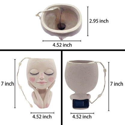 ASDFG Solar-Face Flower Pot Head Planter Pots - LED String Lights Warterproof Resin Succulent Cactus Planters Pots with Drainage Hole Cute Lady Closed Eyes Indoor Outdoor Garden Decor (Large)