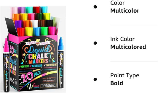 Bold Chalk Markers - Dry Erase Marker Pens - Liquid Chalk Markers for Chalkboards, Signs, Windows, Blackboard, Glass - Reversible Tip (20 Pack) - (Multicolored, 6mm)