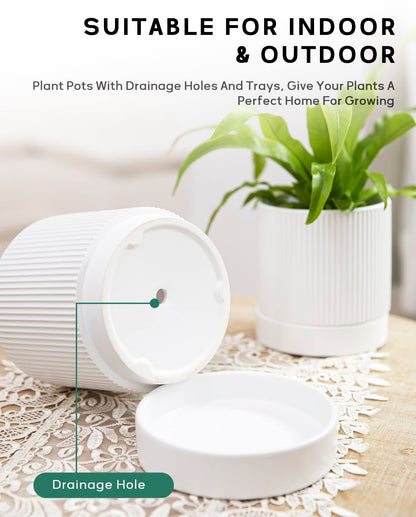 LaDoVita 3 Pack Ceramic Plant Pots 6/5/4 inch, Flowerpot for Indoor Plants with Drainage Holes and Tray, Outdoor Garden Planters, Modern Decorative for Home, White Vertical Stripes