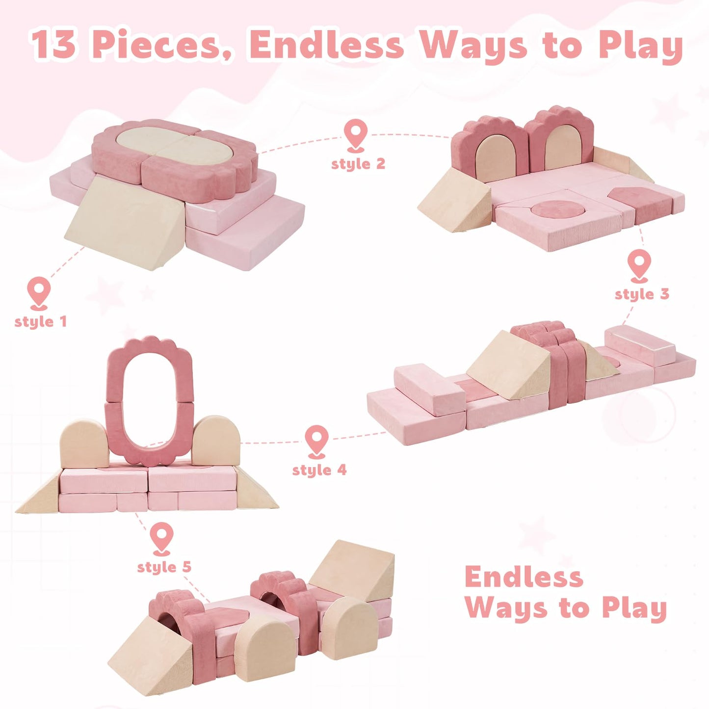 GudoInsole 13-Piece Foam Climbing Blocks for Toddlers, Soft Play Set for Toddlers 1–3, High-Density Foam Climbing Toys Indoor for Crawling & Active Play, Gross Motor Skills Toys Gift(Beige Pink)