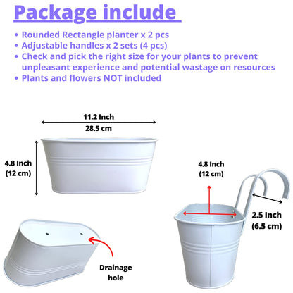 LaLaGreen Rail Planters for Outdoor (2 Pack, 11.2 Inch) White Metal Iron Hanging Flower Pots, Strawberry Planter Deck Railing Fence Bucket Wall Mount Window Box Plant Holder with Hooks Porch Decor
