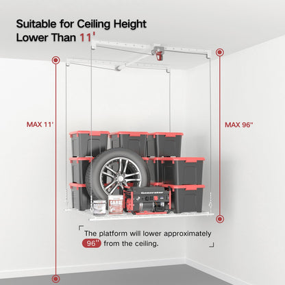 KOKORACKER Overhead Garage Storage Rack, Adjustable Heavy-duty 4x4 Ft Ceiling Storage Racks with Safety Lock, Ideal for Garage Storage Lifting Organization System, 250lbs Capacity, White