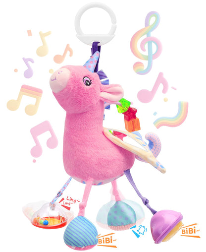 MPQMPQ Car Seat & Stroller Toy for Girl - Musical Sensory Plush with Rattle & Mirror Baby Toys 0-12 Months Hanging Travel Carseat Toys Soft Squeaky Stuffed Animal Unicorn for Babies Gifts