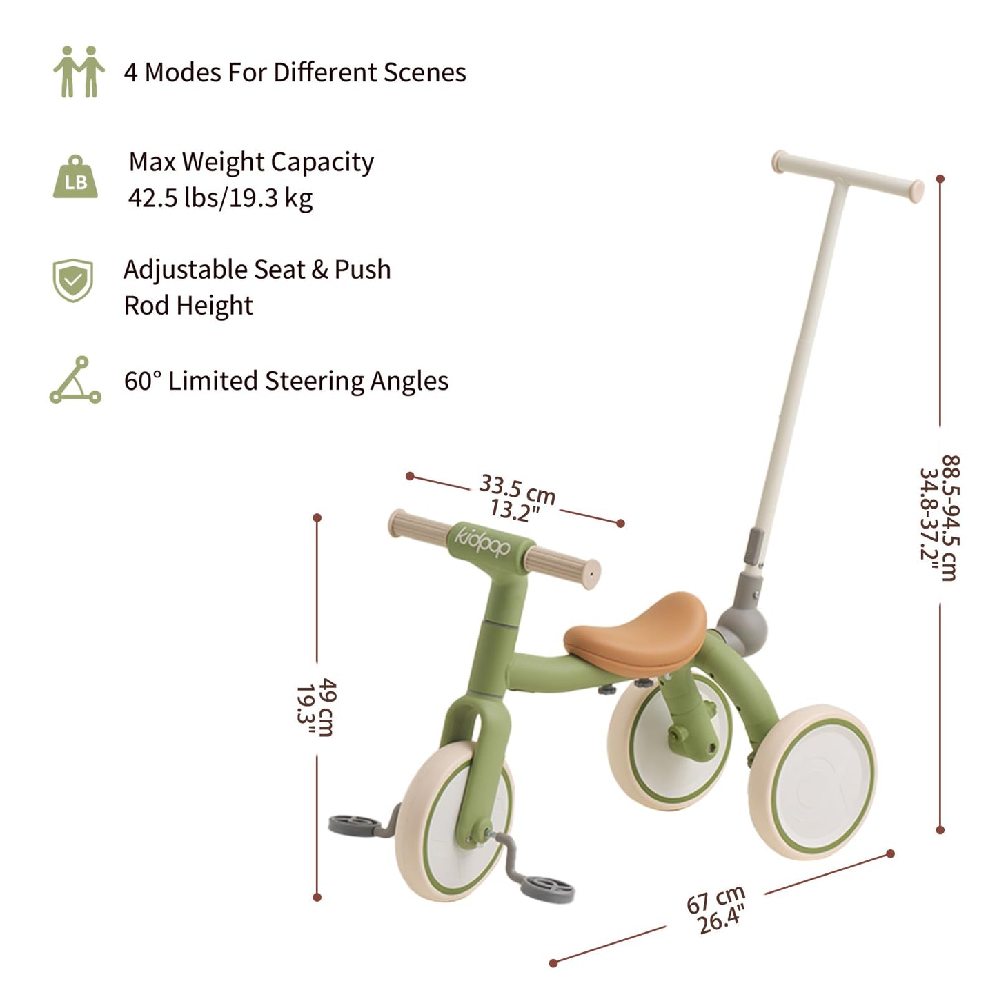 4-in-1 Toddler Tricycle with Adjustable Push Handle for 1-4 Year Old,Birthday Gift and Toy for Boys and Girls Removable Pedals Balance Bike&Scooter (Green)
