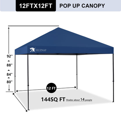 KUZNAP 12’x12’ Pop up Canopy Tent Patented EZ Set up Instant Outdoor Canopy with Wheeled Carry Bag Bonus 4 Weight Sandbags, 8 Stakes and 4 Ropes， Blue