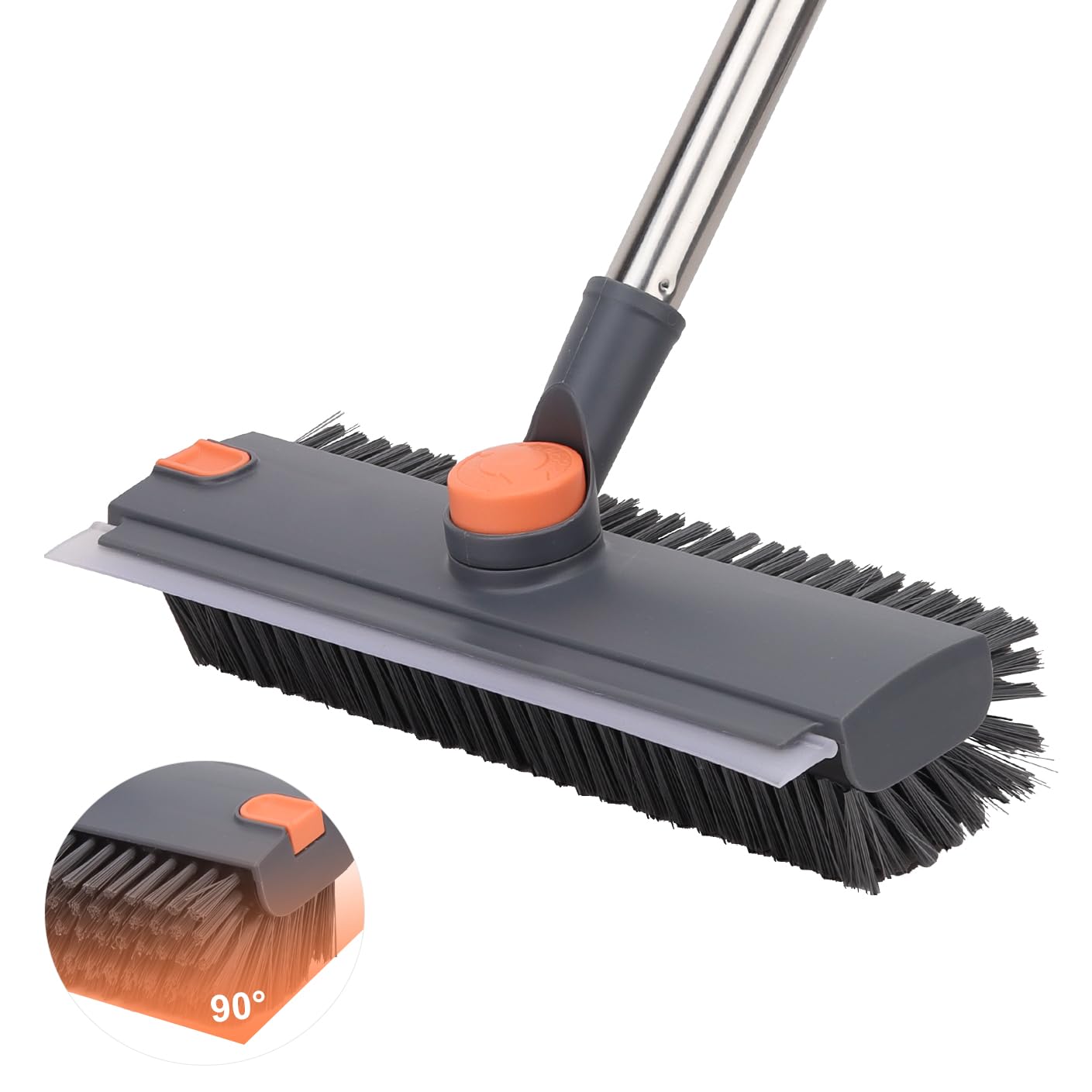 Floor Scrub Brush with 64" Long Handle - 360° Swivel Heads Household Push Brush with Squeegee and Right Angled Bristle for Cleaning Concrete Floors Grout Gardens Patio Deck Concrete Garage Heavy Duty