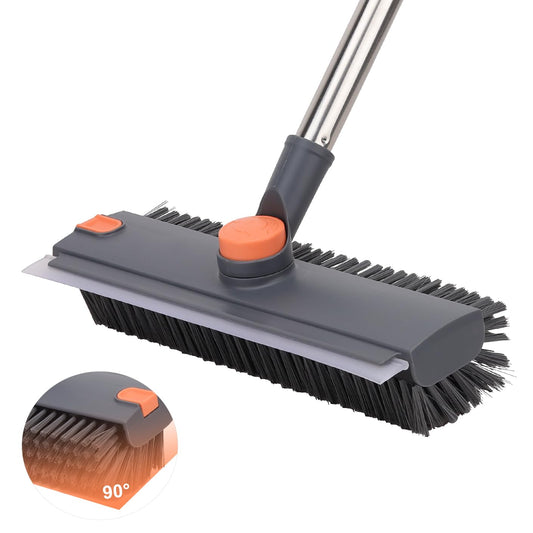 Floor Scrub Brush with 64" Long Handle - 360° Swivel Heads Household Push Brush with Squeegee and Right Angled Bristle for Cleaning Concrete Floors Grout Gardens Patio Deck Concrete Garage Heavy Duty