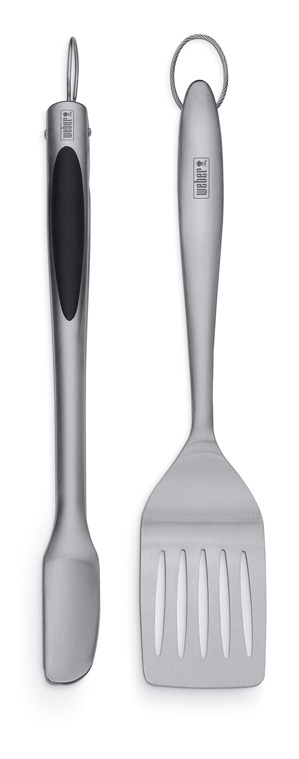 Weber Stainless Steel Style 2‑Piece Barbecue Tool Set – Spatula & Hands‑Free Locking Tongs with Textured Easy‑Grip Handles, BBQ Grilling