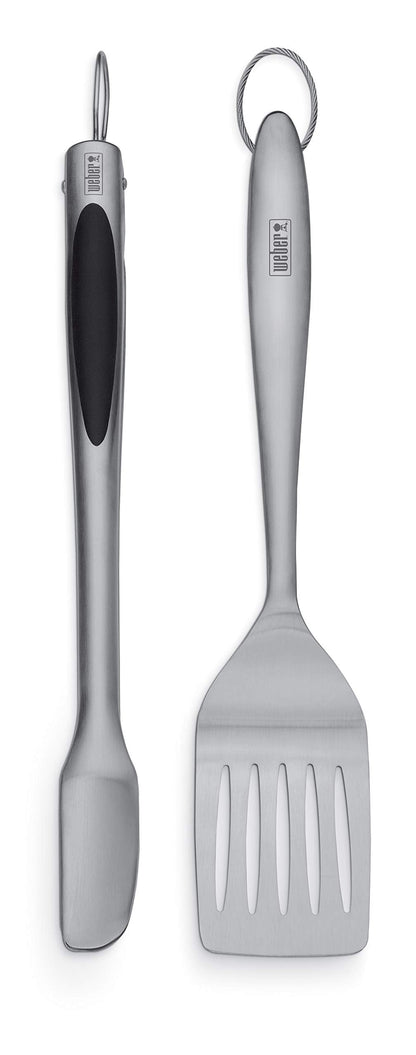 Weber Stainless Steel Style 2‑Piece Barbecue Tool Set – Spatula & Hands‑Free Locking Tongs with Textured Easy‑Grip Handles, BBQ Grilling