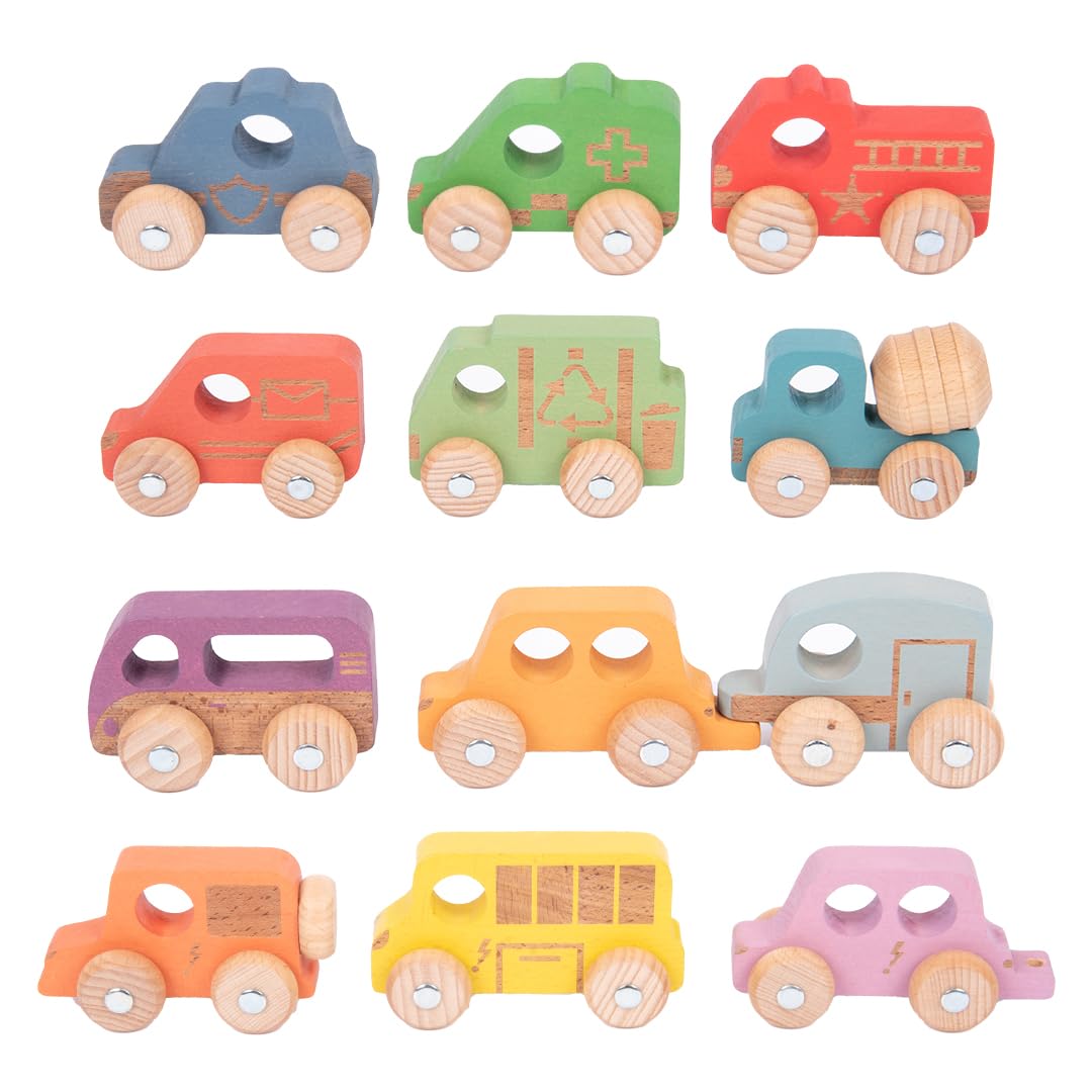 TickiT Rainbow Wooden Vehicles - Set of 12 - Small, Chunky Cars - for Ages 12m+ - Develop Fine-Motor Skills - Loose-Parts Toys for Toddlers