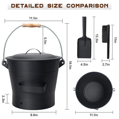 BRIAN & DANY Ash Bucket with Lid, 2.6 Gallon Fireplace Ash Bucket with Shovel and Hand Broom, Metal Bucket for Fireplace, Fire Pit, Wood Burning Stove, Black