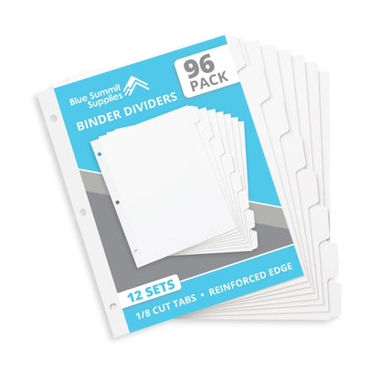 Blue Summit 8 Tab Dividers for 3 Ring Binder, Reinforced Edge, 1/8 Cut, Letter Size, Binder Dividers 8 Tab Bulk for Notebooks, White Index Divider, 12 Sets, 96 Pack