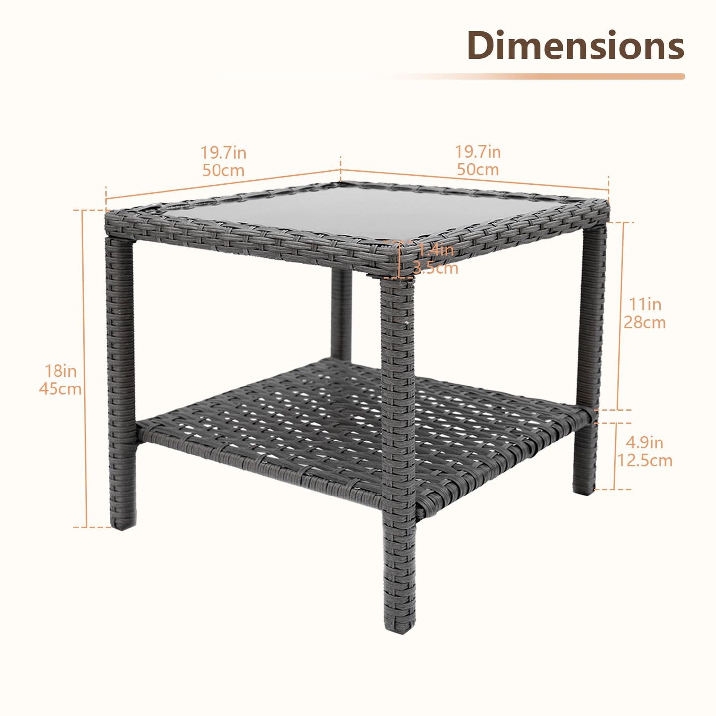 C-Hopetree Small Outdoor Coffee Side End Table for Outside Patio Storage, Gray All Weather Wicker with Glass Top, Square