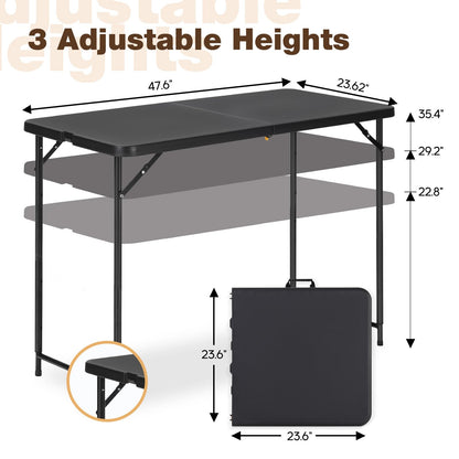 GlowitLian 4ft Folding Table with Adjustable Height, 3-Level Foldable Table with HDPE Top & Steel Legs, Portable 4 Foot Folding Table for Picnic, Party, Craft, Indoor Outdoor Use, Black