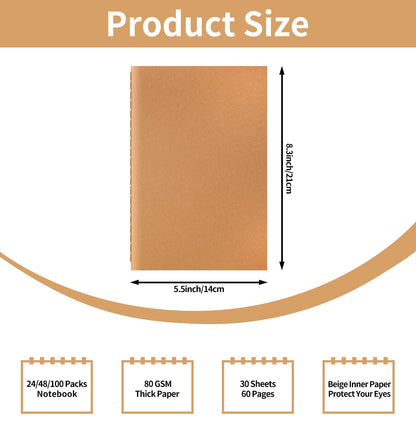 ALKALO 24 Pack A5 Blank Kraft Notebooks Bulk, Journaling Notebooks, Soft Cover Composition Notebook, 8.3x5.5 Inches 60 Pages Travel Journal Notebooks Set for Work, School, Student, Kids, Writing