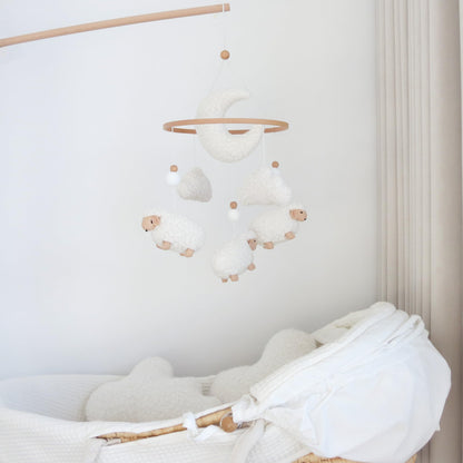 Sheep Baby Mobile for Crib, Cloud Baby Crib Mobile for Girls & Boys, Neutral Crib Toys Hanging, Lamb Baby Mobile for Bassinet, Nursery Decor - Creamy White