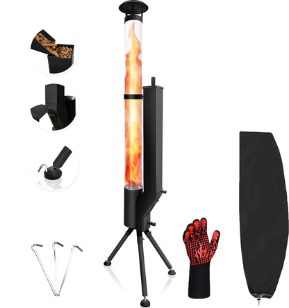 63" Wood Pellet Stove Outdoor Fire Pit with Safe-Guard Kit (Glove, Cover, Ground Stakes), Smokeless Spiral Flame Patio Heater with Quick-Extinguish Barrier for Backyard, Garden, Patio, Bonfire