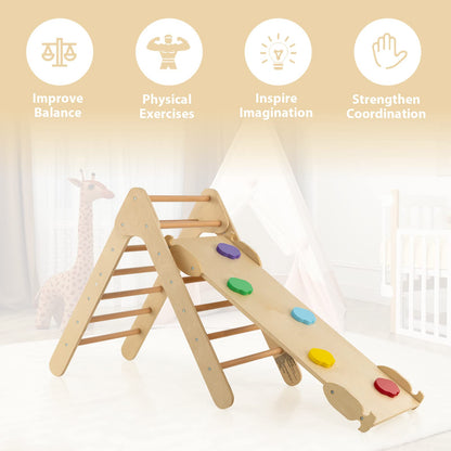 OLAKIDS Pikler Triangle Set 3 in 1 Climbing Toys for Toddlers Wood Montessori Baby Jungle Gym with Ramp Ladder Slide Kids Indoor Playground Activity Play Structure
