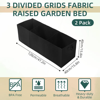 2 Pack Plant Grow Bags, 3 Divided Grids Fabric Raised Planting Bed Rectangle Raised Vegetable Planter Garden Planting Grow Pot Outdoor Planter Box for Vegetables, Flowers, Plants (Black, 120x40x40cm)