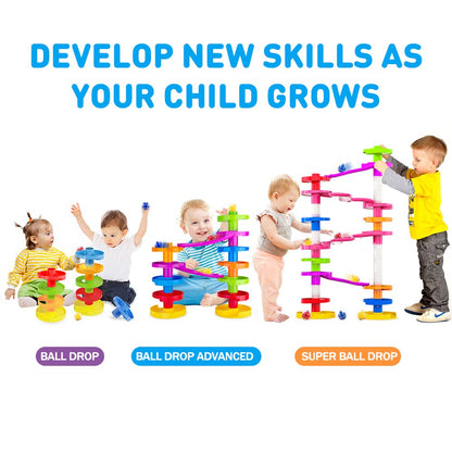 WEofferwhatYOUwant Super Ball Drop – Montessori 26-Piece Giant Marble Run for Toddlers 10M+ Extra Tall STEM Tower with Large Balls Windy Ramps & Double Bridges Expandable Durable & Educational Toy Set