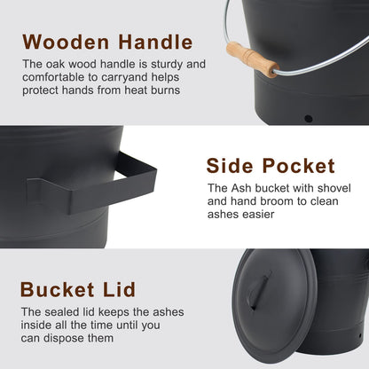 BRIAN & DANY Ash Bucket with Lid, 2.6 Gallon Fireplace Ash Bucket with Shovel and Hand Broom, Metal Bucket for Fireplace, Fire Pit, Wood Burning Stove, Black