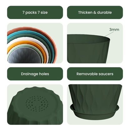 LESOASIS 7/6.5/6/5.5/5/4.5/4 inch Plastic Plant Pots, 7 Pack Flower Planter for Indoor Outdoor Plant, Planters with Drainage Holes and Trays (Colorful)