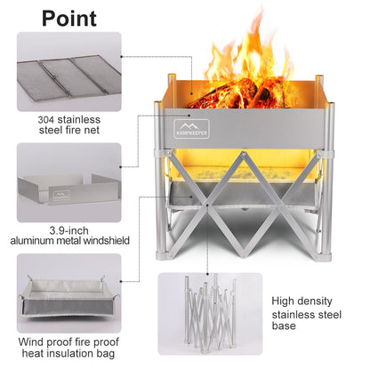 KAMPKEEPER Portable Fire Pit, Outdoor Tabletop Firepit 18 Inch, 304 Stainless Steel Wood Burning Fireplaces, Collapsible Pop Up Fire Pit for Outside, Included Heat Shield for Leave No Trace Fires