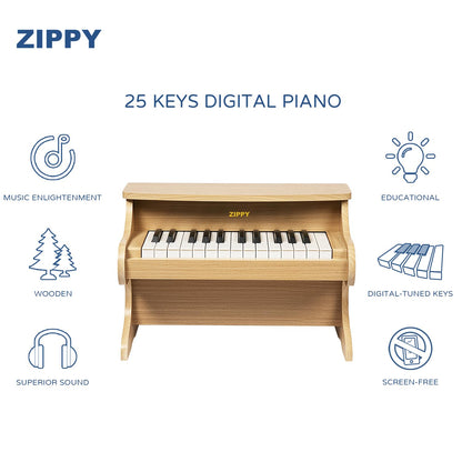 ZIPPY Kids Piano Keyboard, 25 Keys Digital Piano for Kids, Mini Music Educational Instrument Toy, Wood Toy for Toddlers Girls Boys (Oak)