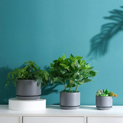 Yishang Succulent Plant Pots,6.7+5.3+4.1 in Glazed Ceramic Planters with Connected Saucers, Round Modern Ceramic Flower pots - Small to Large Sized Plant pots for All House Plants(Matte Grey)