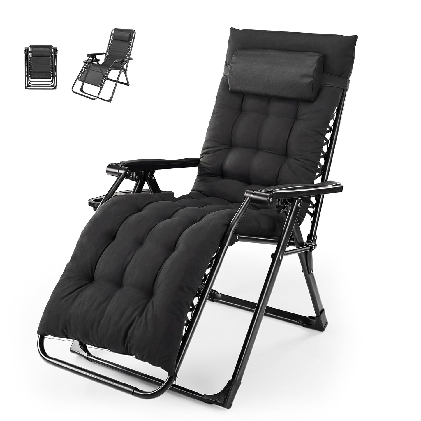 NEWBULIG Zero Gravity Chair, Folding Patio Recliner with Removable Cushion & Cup Holder Trays, Portable Lounge Chair for Beach & Camping, Classic Black