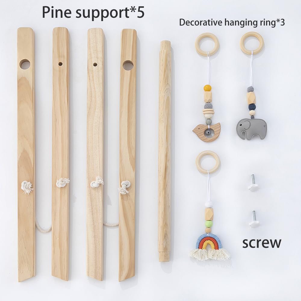 Toyking Wooden Baby Play Gym with Hanging Bar, 4 Gym Toys and Natural Pine Wood, Perfect for Infant Development