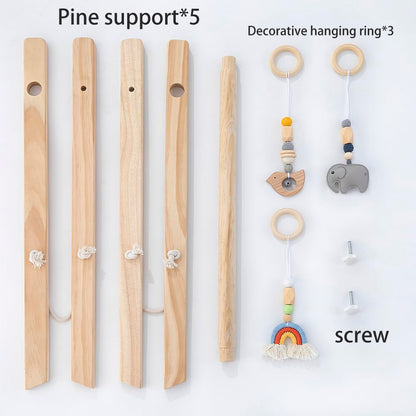 Toyking Wooden Baby Play Gym with Hanging Bar, 4 Gym Toys and Natural Pine Wood, Perfect for Infant Development