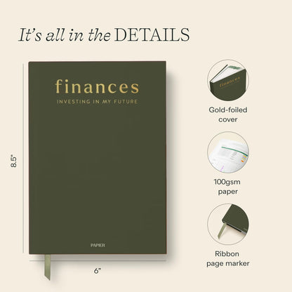 Papier Shine Finance Planner - Olive Hardback | Track Expenses, Savings, Outgoings | Undated | Includes Money Tracker, Daily & Monthly Calendar, & Monthly Budget Section | Budgeting Gift For Students