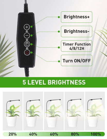 Grow Lights for Indoor Plants Full Spectrum, Plant Lights for Indoor Growing, 48 LEDs Ground Plug Grow Light with Gooseneck, Auto Timer & Dimmable Settings, Ideal for Small and Indoor Plants, 2 Packs