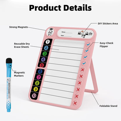 2-Pack Magnetic Chore Chart for Kids, ADHD Task Tracker Easy-Check Routine Dry Erase Board, to-Do List Planning Tool with Stand for Fridge/Desk/Home/School, 6 Reusable Sheets, 4 Markers Pink