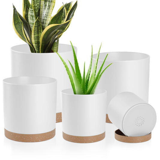 YNNICO Plant Pots with Drainage Holes and Saucers – 7, 6.5, 6, 5, 4 Inch Plastic Planters for Indoor Outdoor Plants, Modern Matte Finish, Lightweight & Durable（White
