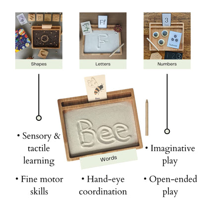 Montessori Sand Tray with Flashcard Holder and Flashcards | Play Sand & Wooden Stylus | Sensory Bin | Tactile & Sensory Toys | Wood Learning and Educational Toys | Montessori Toys | Sensory Tray