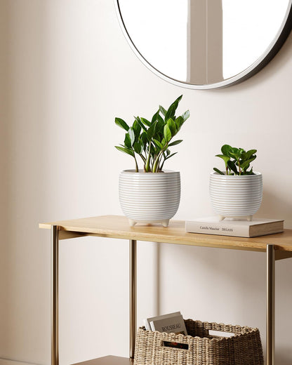 LE TAUCI Ceramic Plant Pots, 5.1 + 6.4 Inch Footed Pots for Plants, Modern Flower Pots for Home and Office, Indoor Planters with Drainage, Reactive Glaze White