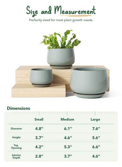 LE TAUCI Plant Pots for Indoor Plants, 4.1+5.1+6.5 inch, Set of 3, Ceramic Planters with Drainage Hole and Saucer, Indoor Flower Pot with Hole Mesh Pad, Gifts for Mom, Reactive Glaze Blue Gray