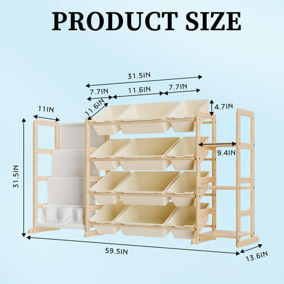 Toy Storage Organizer, 3-in-1 Extra Large Toy Storage with 12 Bins and 3 Side Shelves, 4-Tier Bookshelf, Toys Box for Bedroom Nursery Kids Room Organization, Toddler Playroom Organization Essentials