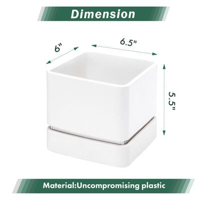 D'vine Dev 6 Inch Herb Planter Pot, Plastic Planter with Drainage Holes and Saucer, Modern Decorative Gardening Pot for Indoor Plants, Flowers, Herbs, Succulents, White, Set of 4, 76-Y-A4-2