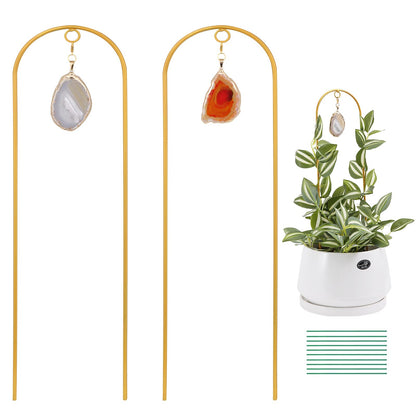 Ceiner 2PCS Small Plant Gold Trellis Indoor, Mini Metal Houseplant Decor Support for Potted Ivy Vine, Boho Garden Decorative Pot Climber with Agate for Climbing Hoya Pothos Philodendron Gift