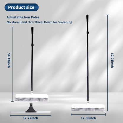 3-in-1 Floor Brush with Squeegee and Adjustable Long Handle, Push Broom with Rubber Squeegee, Suitable for Warehouses, Glass, Floors, Tiles, Hardwood Floors, Decks and Patios