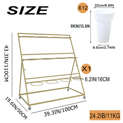 Flower Display Stand, 3 Layers Heavy Duty Moving Plant Cart Shelf With Wheels and Bucket, Wrought Iron Florist Shelf, for Patio Garden, Living Room, Outdoor Flower Pop-Up Events (Golden Iron Frame)