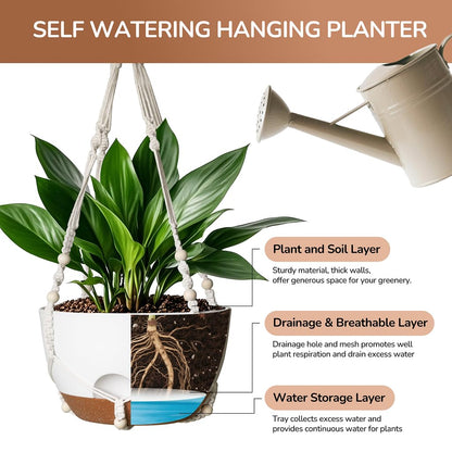 LESOASIS 12 Inch Hanging Baskets for Plants Outdoor, Hanging Planters for Indoor Outdoor Plants, Hanging Planter with Self Watering, Hanging Flower Pots (White Planter with Macrame + Iron Hangers)