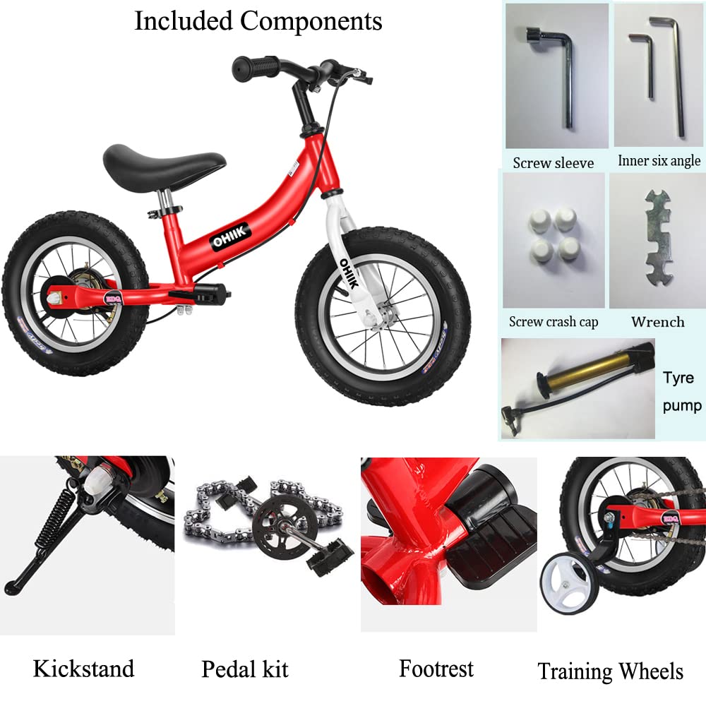 OHIIK Balance Bike 2 in 1 for Kids 2 3 4 5 6 7 Years Old,Balance to Pedals Bike,12 14 16 inch Kids Bike,with Pedal kit,Training Wheels,Brakes (16 inch, Red)