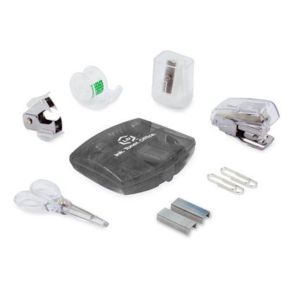 LD Products Black Mini Office Supply Kit Portable Case with Scissors, Paper Clips, Tape Dispenser Set, Pencil Sharpener, Mini Stapler with Staples and Staple Remover