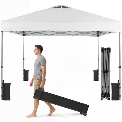 OLIXIS 10x10ft 1-Person Pop Up Canopy Tent, Heavy Duty One Push Setup Portable Outdoor Shelter for Beach Events Camping with Rolling Carry Bag, Snow White