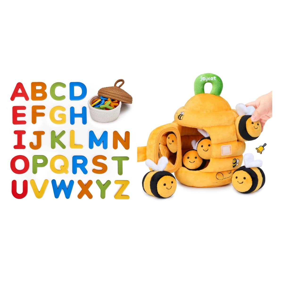 JoyCat Baby Toys 6-12 Months - Soft Baby Beehive with 5 Sensory Bees + Silicone Alphabet Magnetic Letters, 26 Uppercase ABC Fridge Magnets for Toddlers